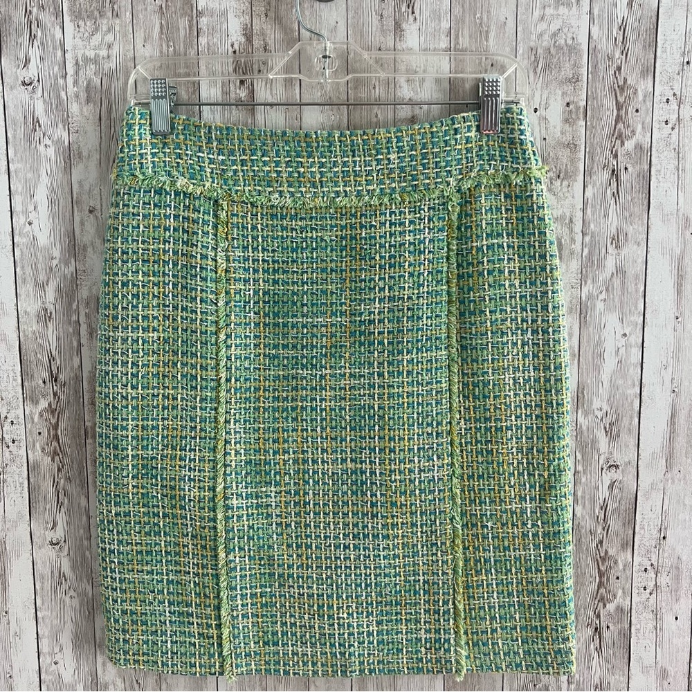 J. McLaughlin Green Blue Tweed Pencil Skirt Business Professional New 2